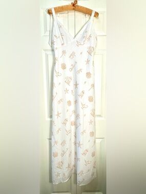 Indi Luxe Jaya Maxi Dress White Tan Tropical Tie Strap Resort L NWT